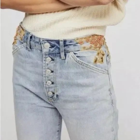 Free People Novelty Embellished Beaded Sequins Button Fly Straight Jeans - Picture 4 of 16